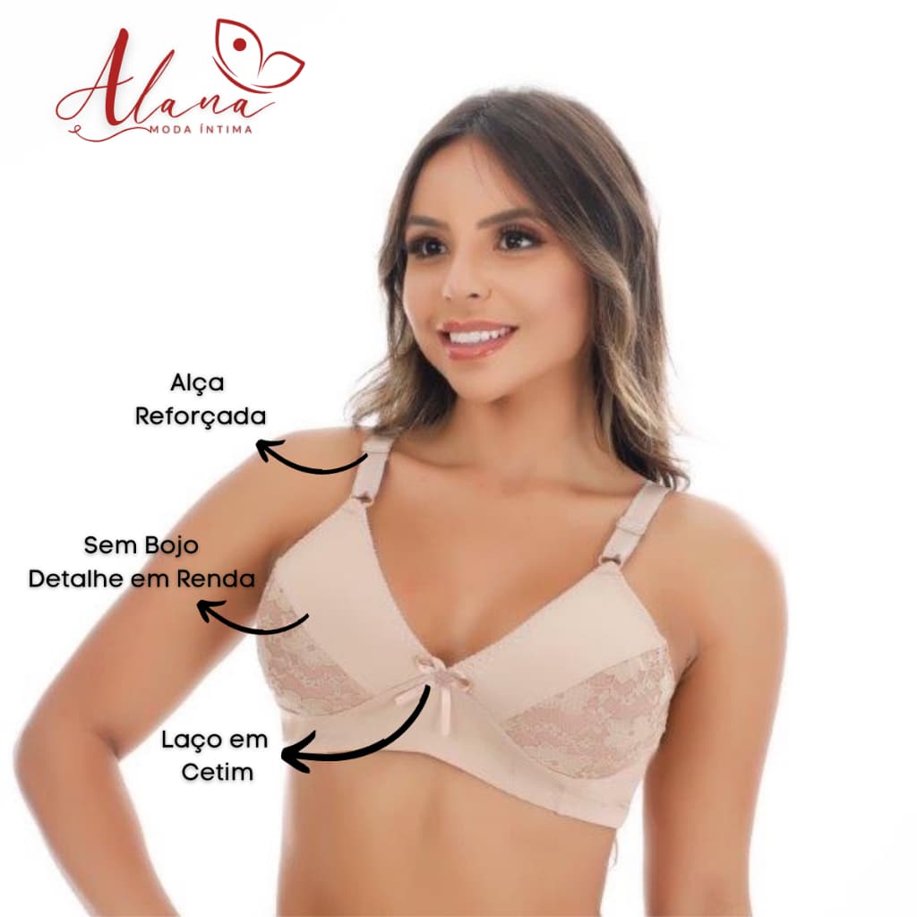 KIT 2 SUTIÃ REFORÇADO JULIA SEM BOJO ALÇA REFORÇADA RENDA LINHA CONFORTO DIA A DIA