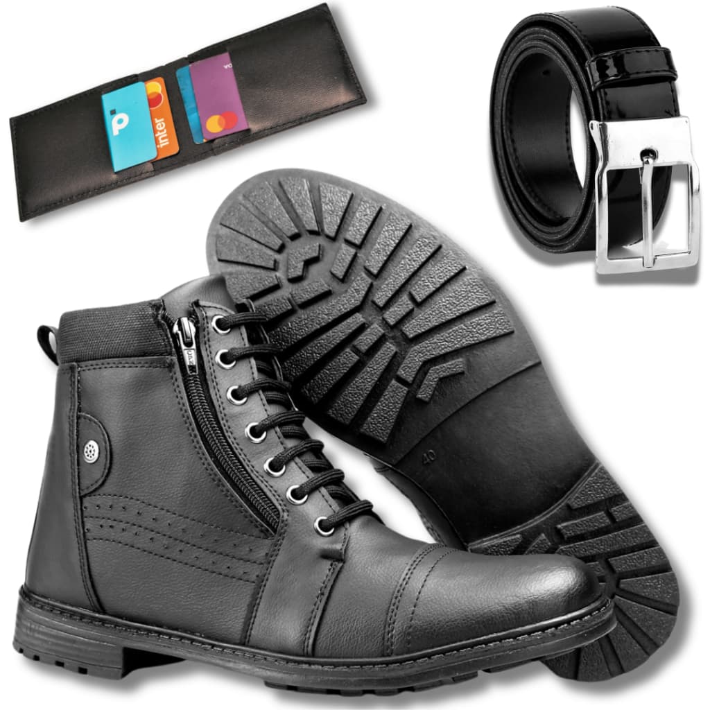 Kit Coturno Casual Cano Médio Confortável + Cinto Social + Porta Cartão