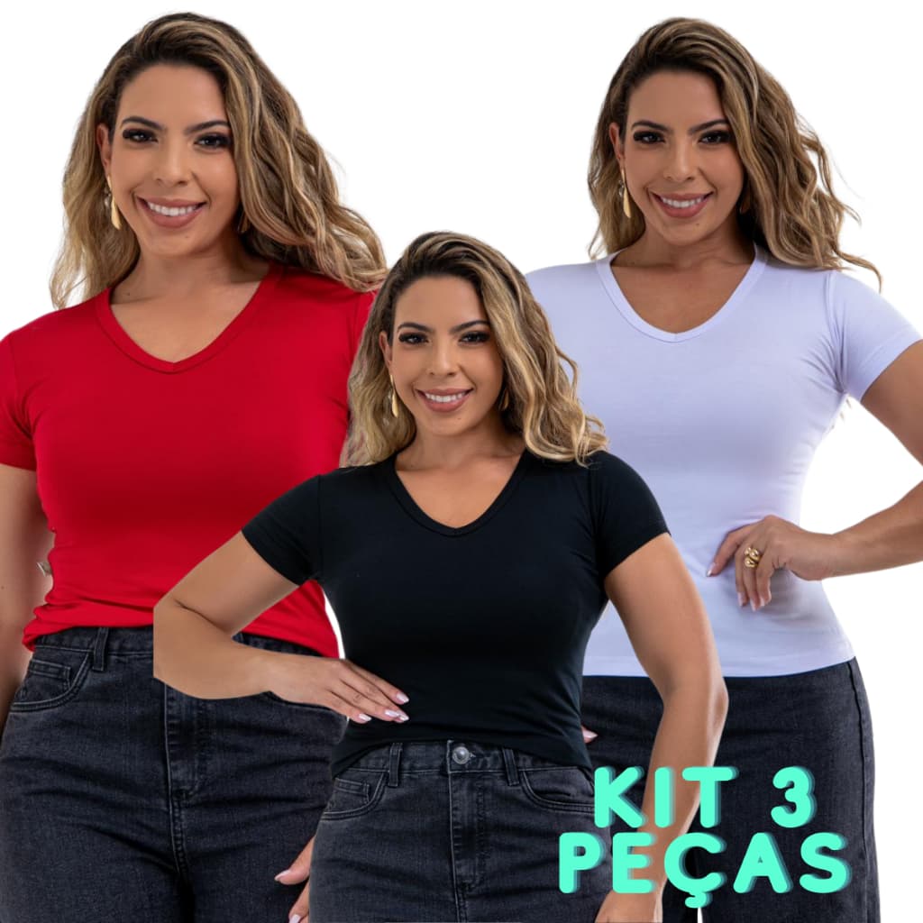Kit 3 Blusa Feminina Estilosa Camiseta Básica Blusa Gola V Feminina
