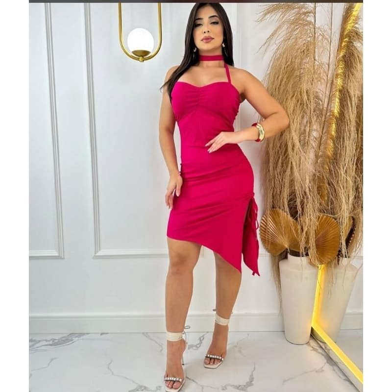 Vestido Feminino Midi Com Barra Assimétrica Com Fenda E Regulador Lateral