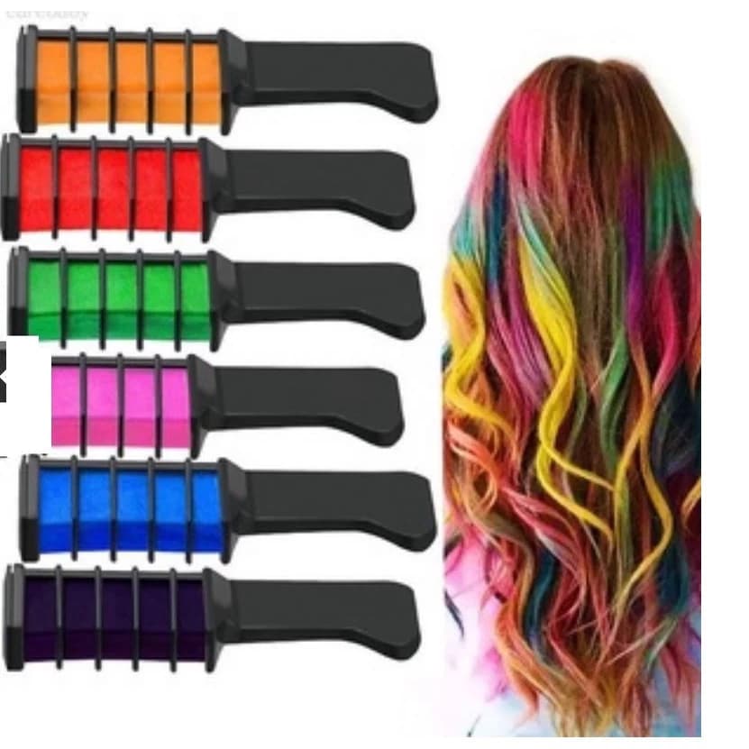 Kit 6uni Pente Giz Pastel Colorido Cabelo Tinta Temporária