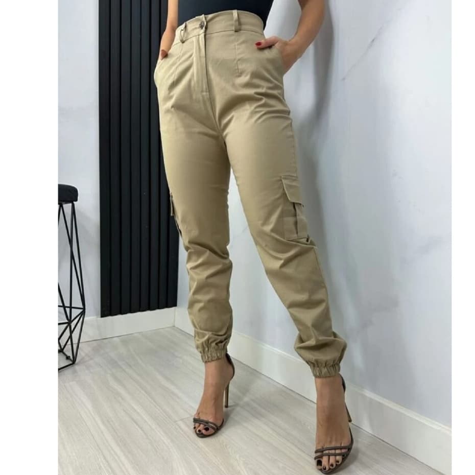 Calça Cargo Feminina Cintura Alta jogger Com Lycra Bege Sarja Com Elastano Tatica