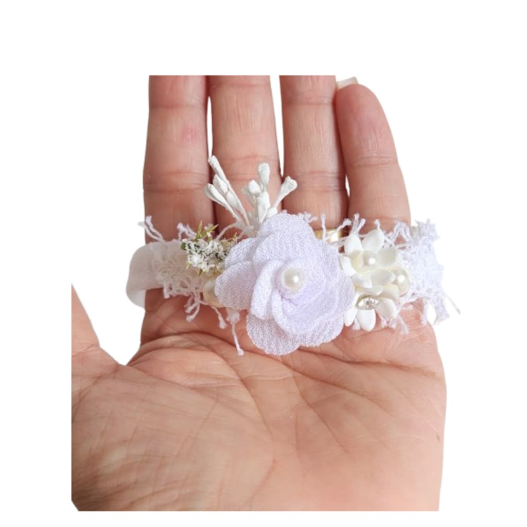 Tiara Bebê branco batizado na faixa de meia branca ensaio newborn saída maternidade