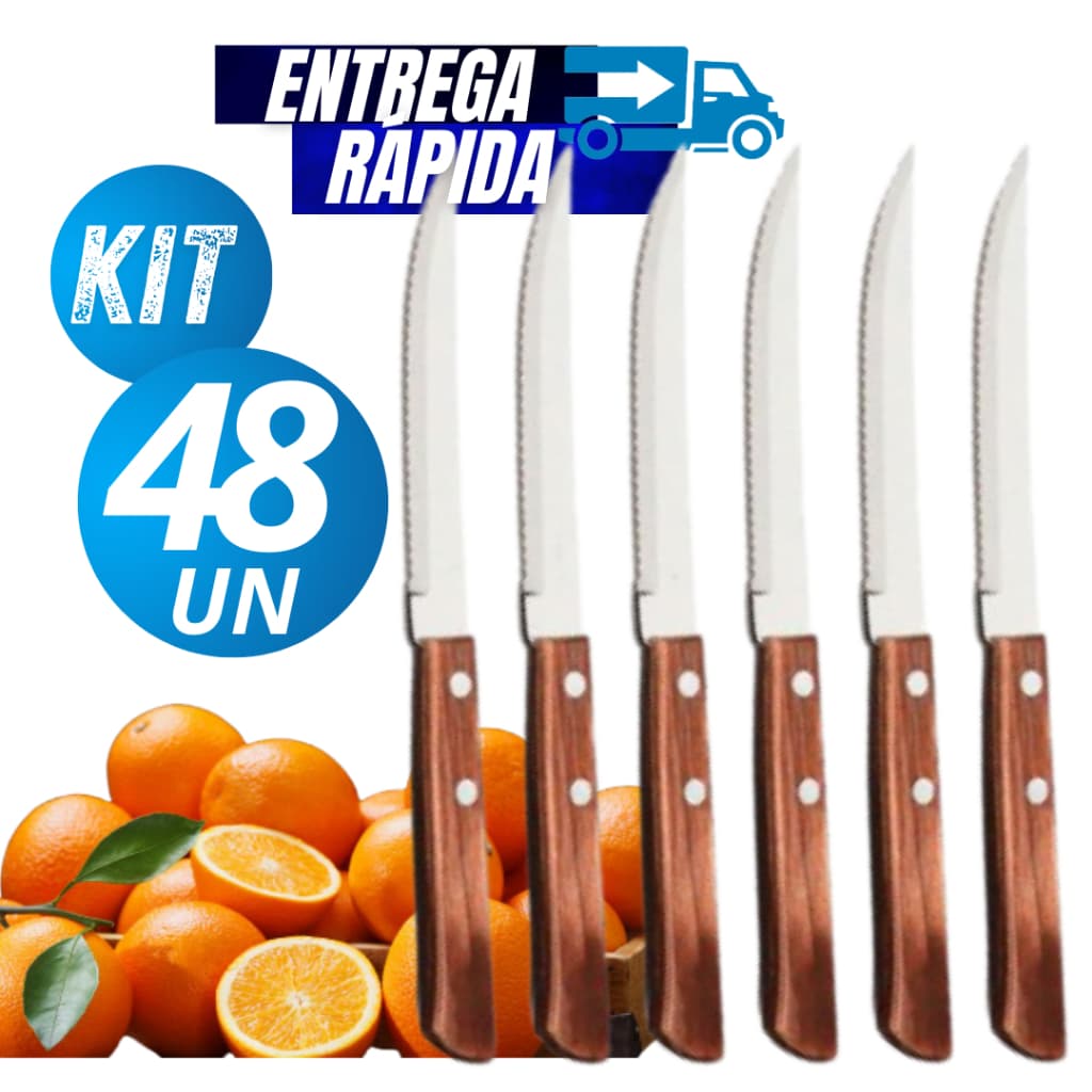 Jogo Kit 48/24 Facas de Cozinha Aço Inox Talher Grande Cabo Madeira de Serra Resistente