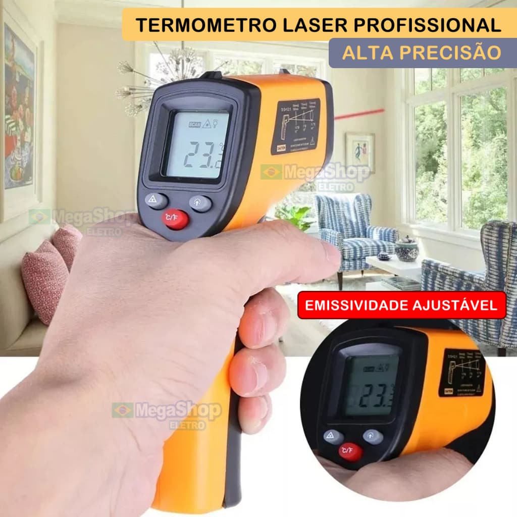 Pistola Termômetro Laser Infravermelho Digital Culinário Industrial Com Emissividade Ajustavel