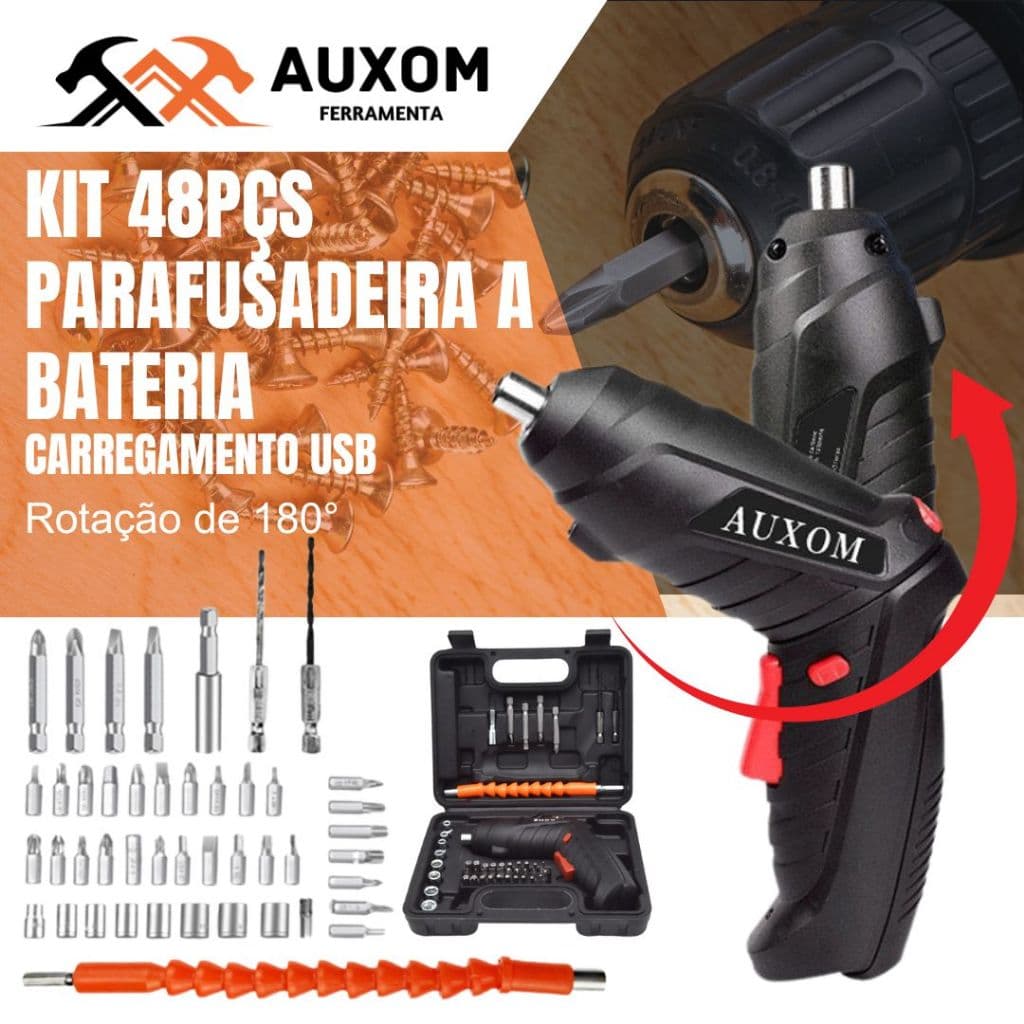 AUXOM Kit Parafusadeira A Bateria /furadeira 48 Pç Caixa De Ferramentas Completa Carregador Usb