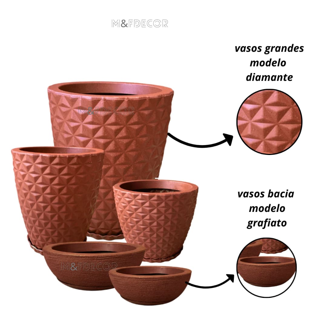 Kit 5 Vasos decorativos Para Planta ou Flor Casa Jardim Em Polietileno Diamante 3D e Bacias Nº1 Nº2