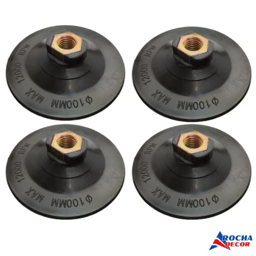 Kit 4x Disco Prato Suporte 100mm Com Velcro Para Lixa Diamantada 4 Pol. Rosca M14 P/ Esmerilhadeira