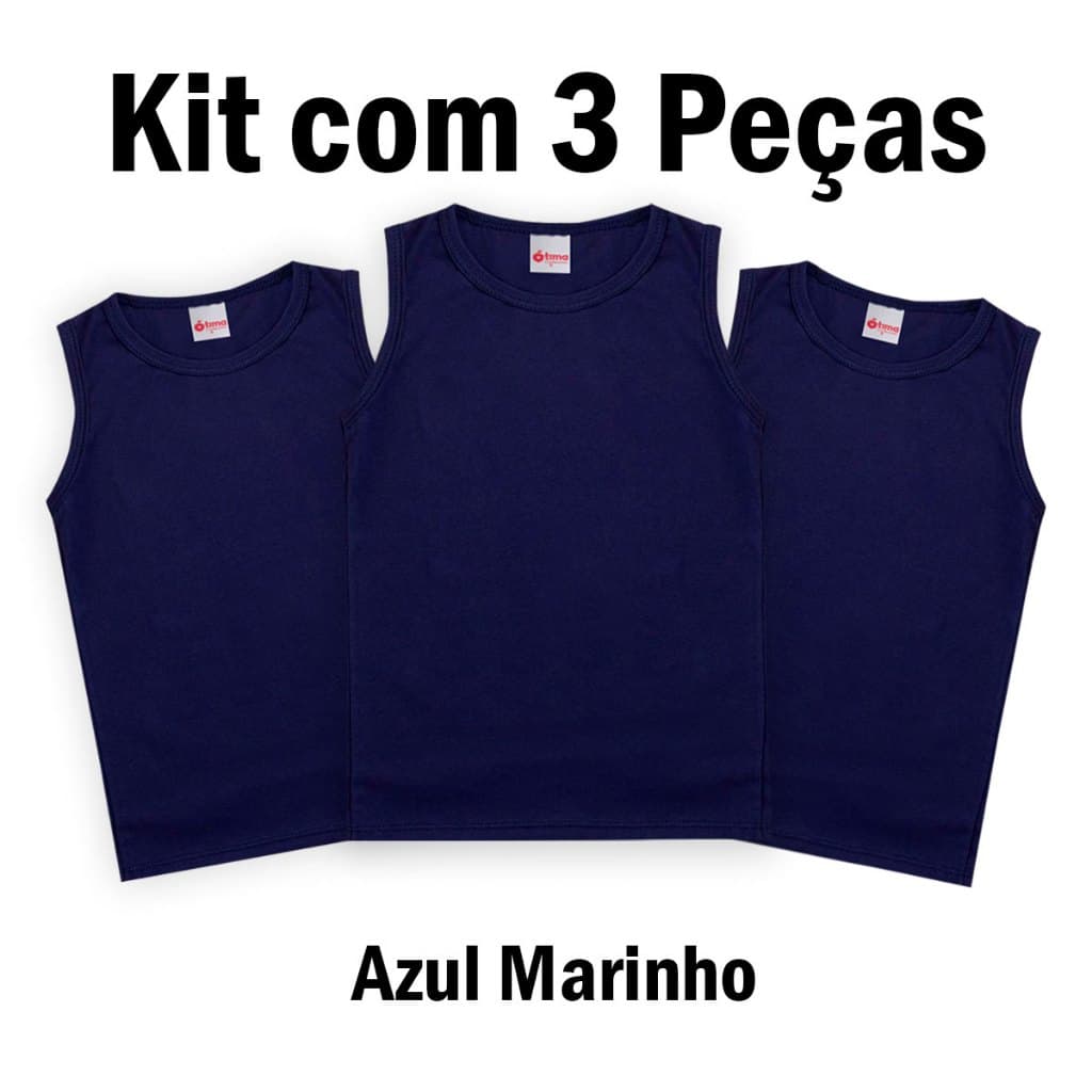 kit 3 Camisetas Regata Escolar Azul Marinho 100% Algodão