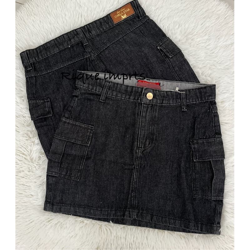 Saia Jeans Cargo Grafite Feminina Cintura Alta Linha Premium