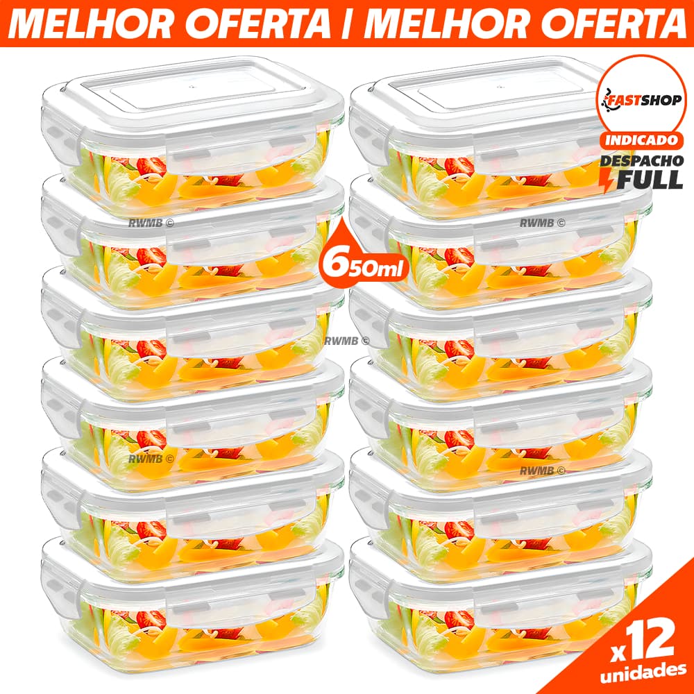 Kit 10 Potes Hermético 640ml Pote de Vidro Retangular Alta Vedação Organizador Vai ao Forno Microondas Freezer Geladeira