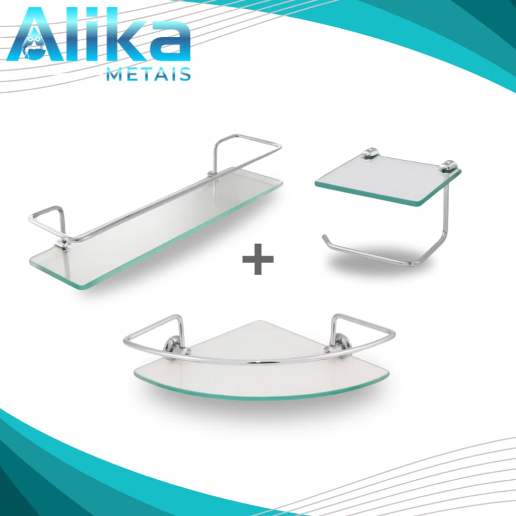 kit acessórios 3 peças para banheiro porta shampoo reto e canto, papeleira porta papel higiênico alumínio e vidro