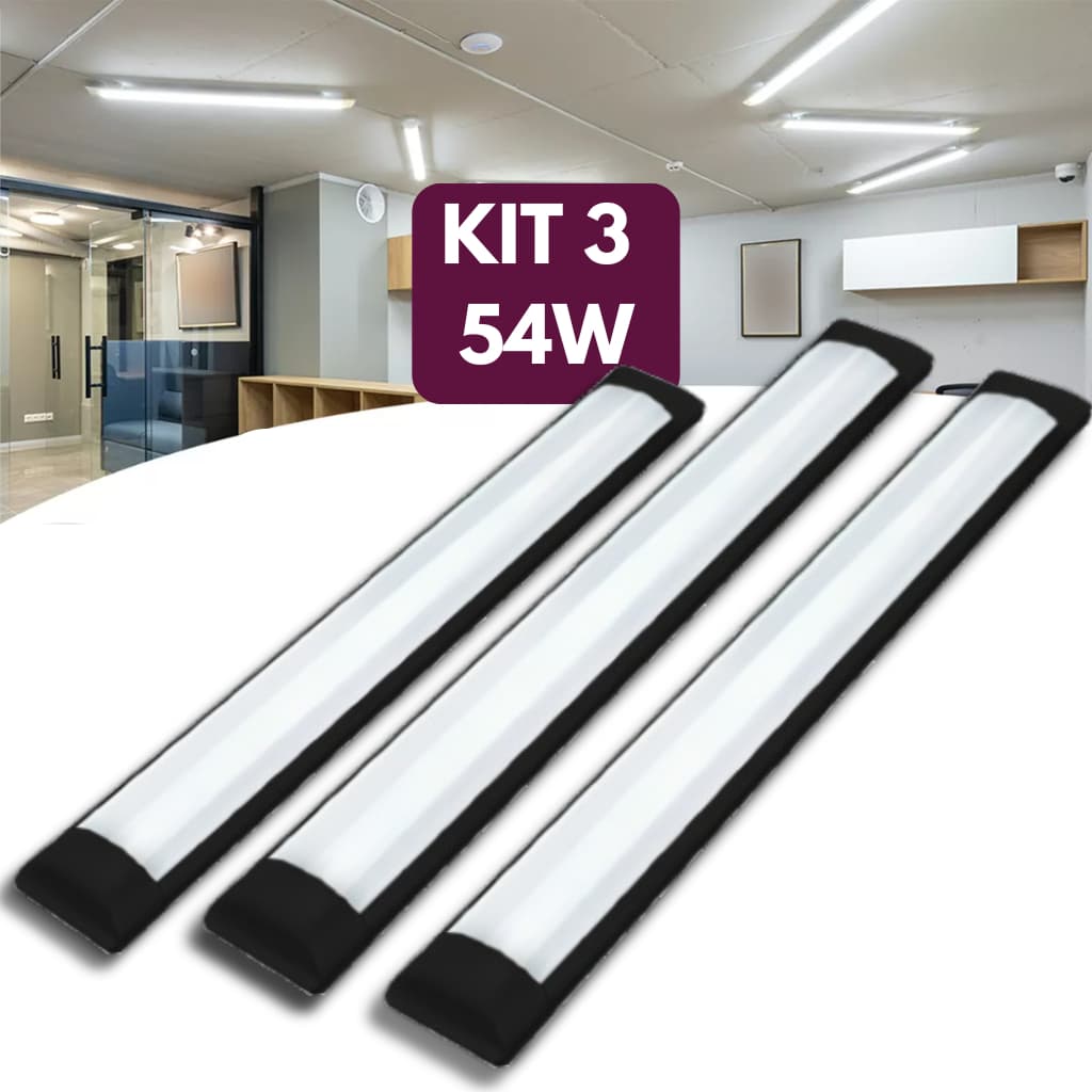 Kit 3 Luminária Tubular Led Slim Preto 54w 120cm 6500k Branco Frio Bivolt 110v/220v