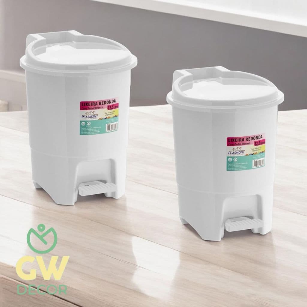 Kit com 2 Lixeiras Branca Reforçadas C/Pedal 12,5 Litros Para Cozinha