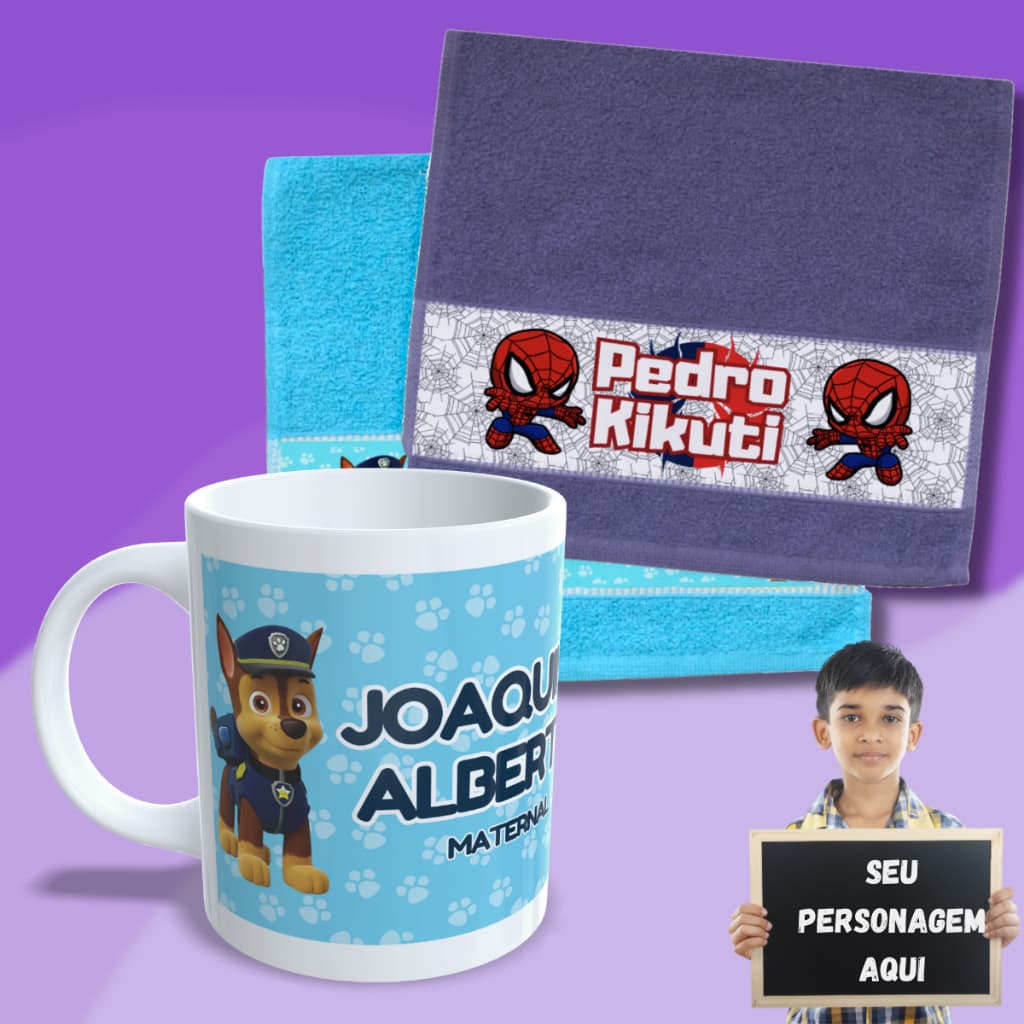 Kit 1 Caneca E 2 Toalhinhas Personagens Personalizados Kids