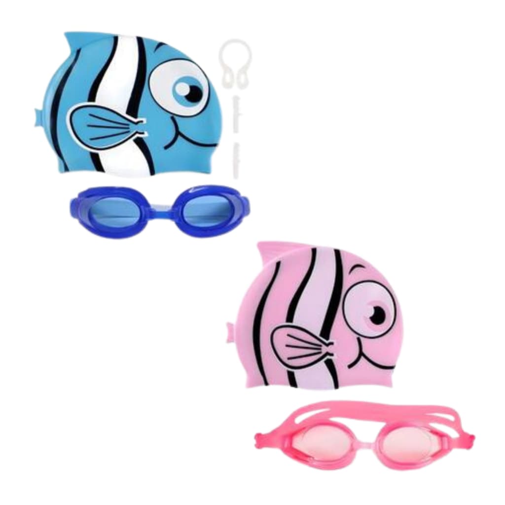 Kit Natação Infantil Peixe Menino E Menina Touca Óculos Mergulho Silicone Com Protetor 5 Peças