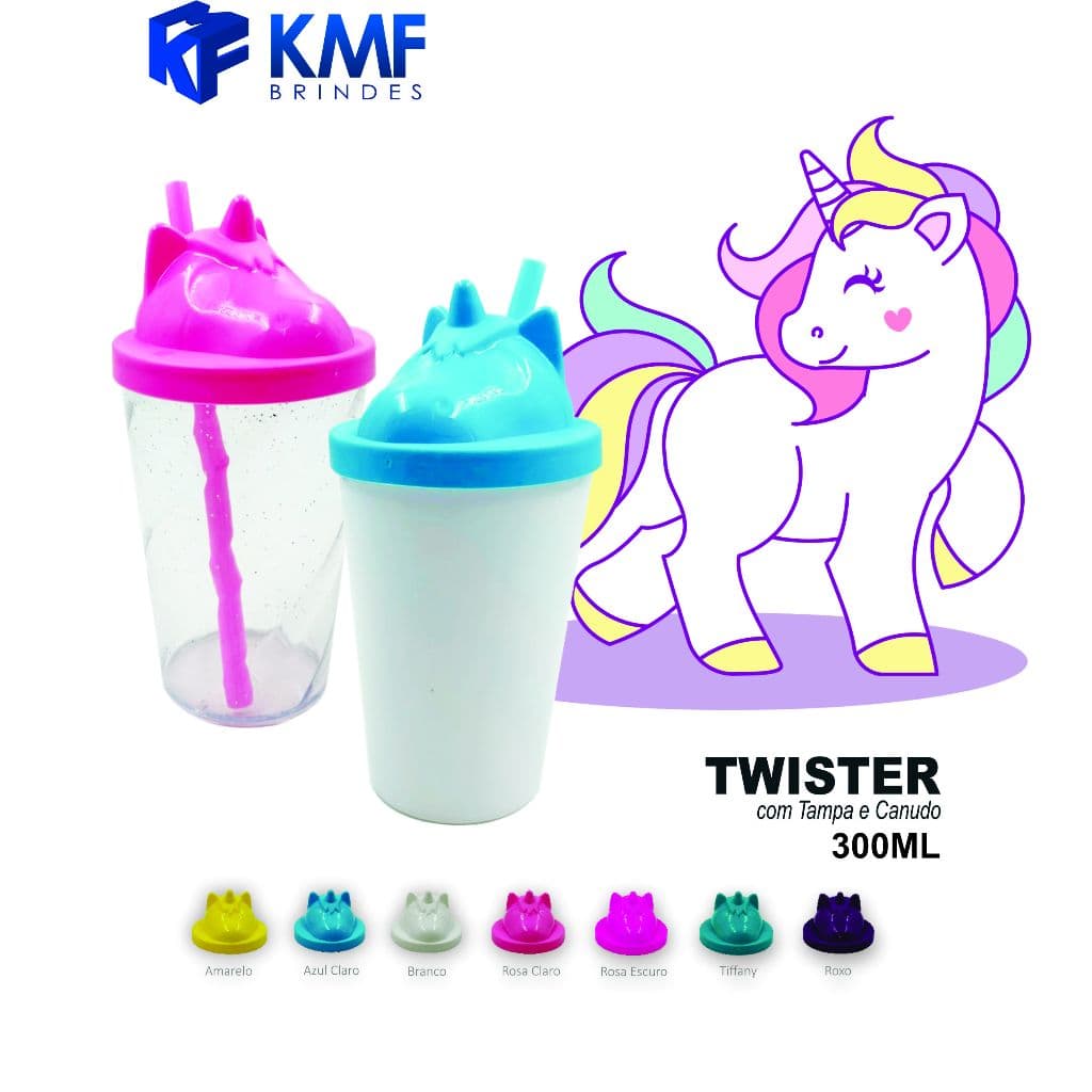 20 Copos Twister 300ml Tampa Unicórnio Acrílico Liso Festa Infantil, Brinde Infantil, Chá de bebê