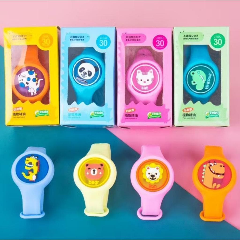 kit com 6 pulseira repelente natural infantil  divertida. Cores lindas, estampas de bichos e ainda acende brincando.