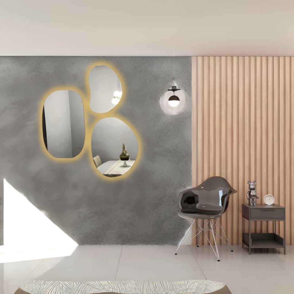 Espelho Orgânico KIT 3 Peças Com LED sem FIO BATERIA Decoração Exclusiva Duas Cores