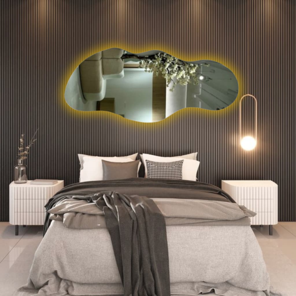 Espelho Gigante Orgânico Nuvem Horizontal Com Led branco Amarelo Bivolt + Fonte Decoração Moderna