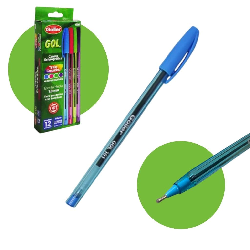 ATACADO 12 Canetas Goller Coloridas Rosa Azul Verde Roxa Ótima Qualidade Prática Resistente