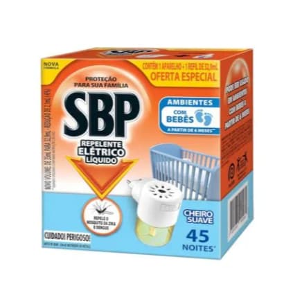 Repelente Elétrico tradicional Líquido SBP 45 Noites Aparelho + Refil 35mL ambientes com bebês