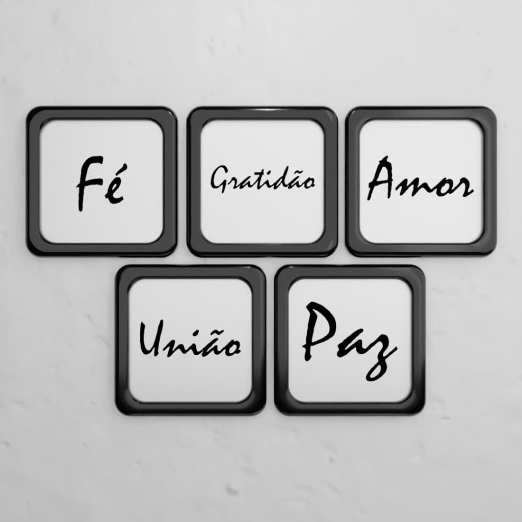 Kit 5 Quadros Decorativos com Moldura - Palavras Motivacionais Amor Fé Felicidade União e Gratidão