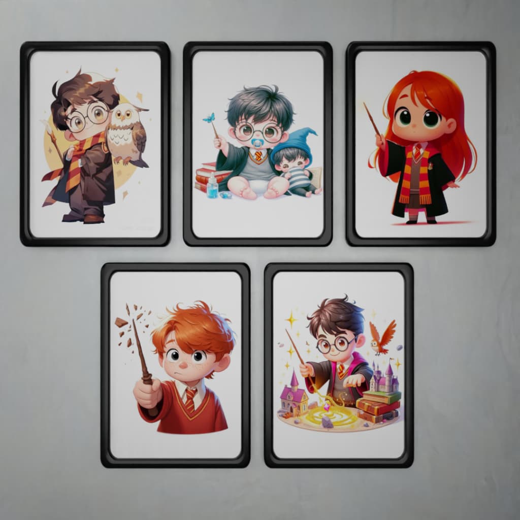 Kit de 5 Quadros Decorativos com moldura Tamanho 30x20cm - Tema Harry Potter Baby Infantil