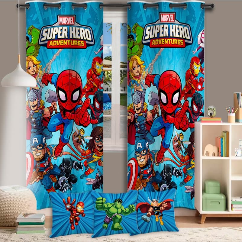 Cortina Super Herois Decoração Para Quarto de Menino Avulsa ou Kit Trio Capas Almofadas