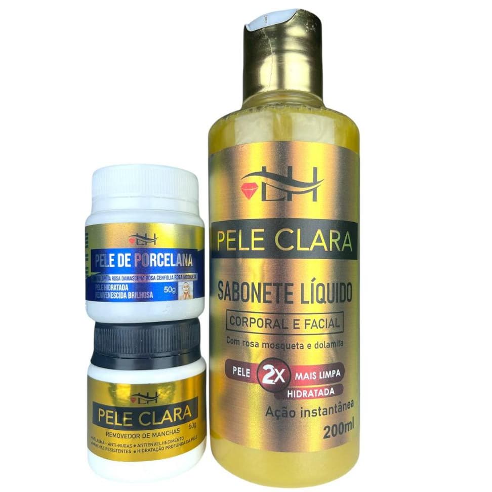 Kit Pele Clara com Sabonete Líquido, Creme Pele Clara e Creme de Porcelana Original Liss Hair