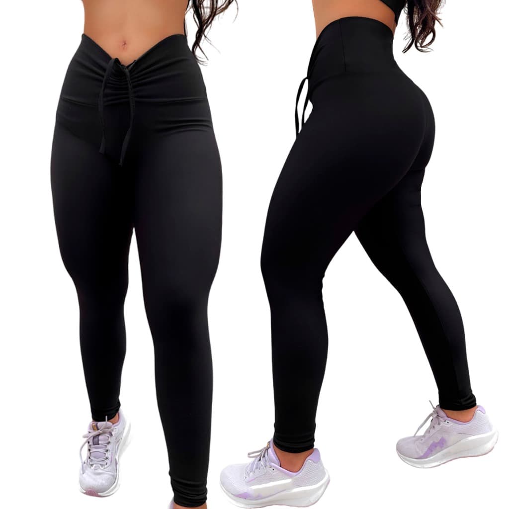 Calça Legging Preta Feminina com Cordinha Fitness Cintura Alta de Cadarço Suplex Academia para Treino