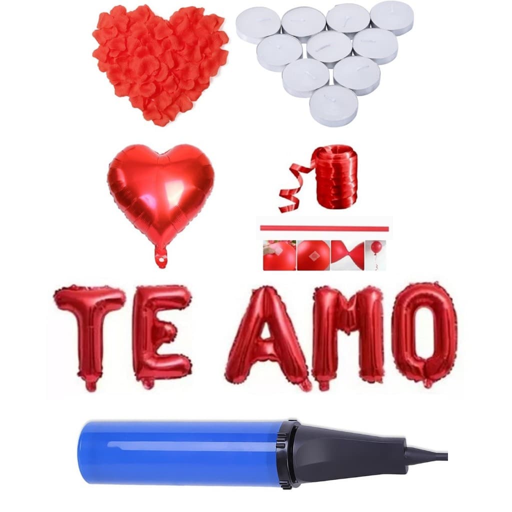 500 Pétalas Artificiais + 10 Balões Coração+ 10 Velas+ Balão Te Amo + Fitilho+ Bomba