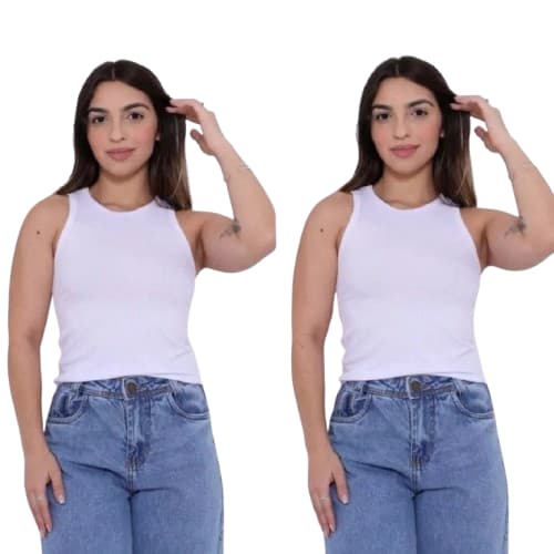 Kit 2 Regatas Brancas Americana Blusinha Feminina Canelada Ribana