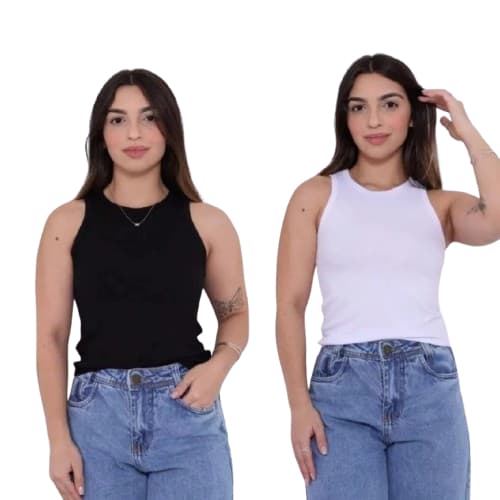Kit 2 Regatas Preta/Branca Americana Blusinha Feminina Canelada Ribana