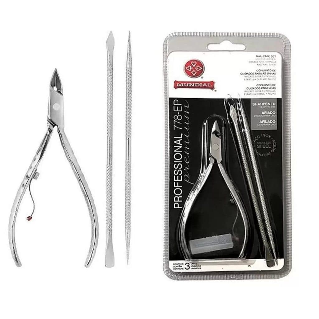 Kit Alicate + Palito + Empurrador Inox De Cutícula Profisional 778EP Mundial