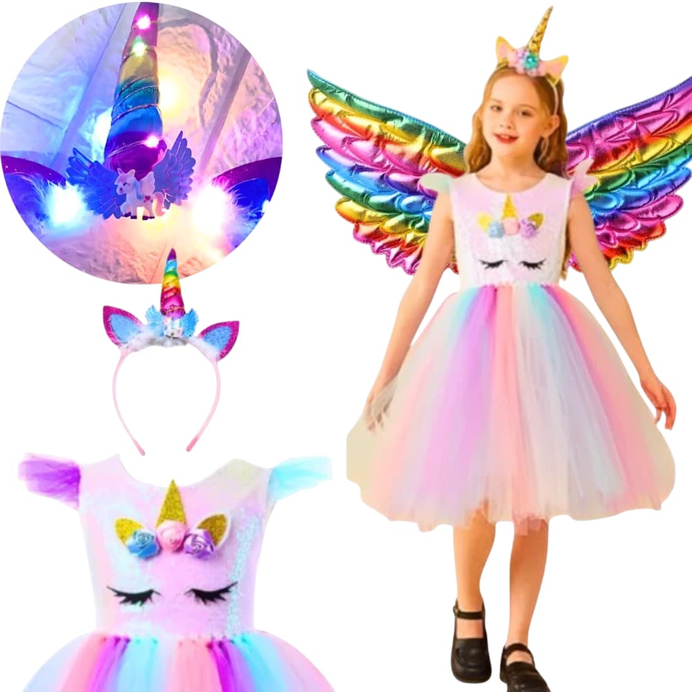 Fantasia Vestido Infantil Princesa Unicórnio Com Saia de Tule Colorida Com Tiara de led & Asa