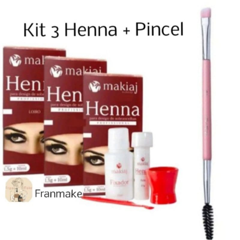 Kit com  3 Henna Para Sobrancelhas Makiaj Original + Pincel Duplo Escova E Chanfrado , Sobrancelhas