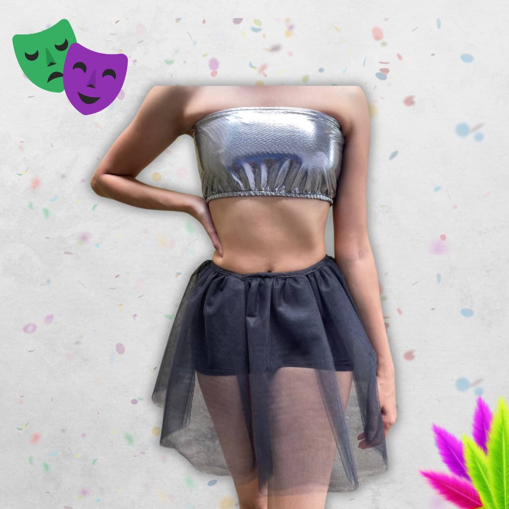 CONJUNTO CARNAVAL TOP FAIXA METALIZADO + SAIA TULE - COLEÇÃO TOP/CROPPED/SAIAS FESTA BALADA CASUAL