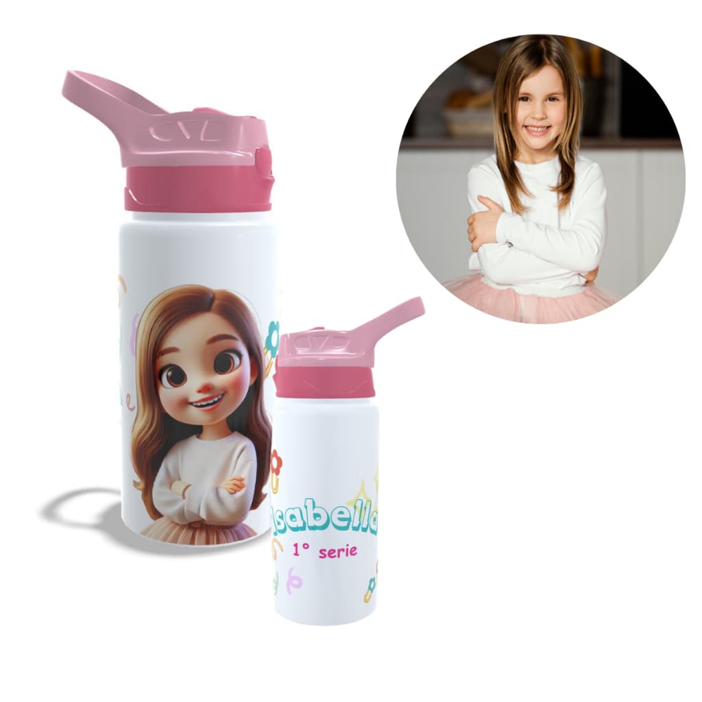 GARRRAFA SQUEEZE DE ALUMINIO PERSONALIZADA VOLTA AS AULAS CARICATURA CARTOON