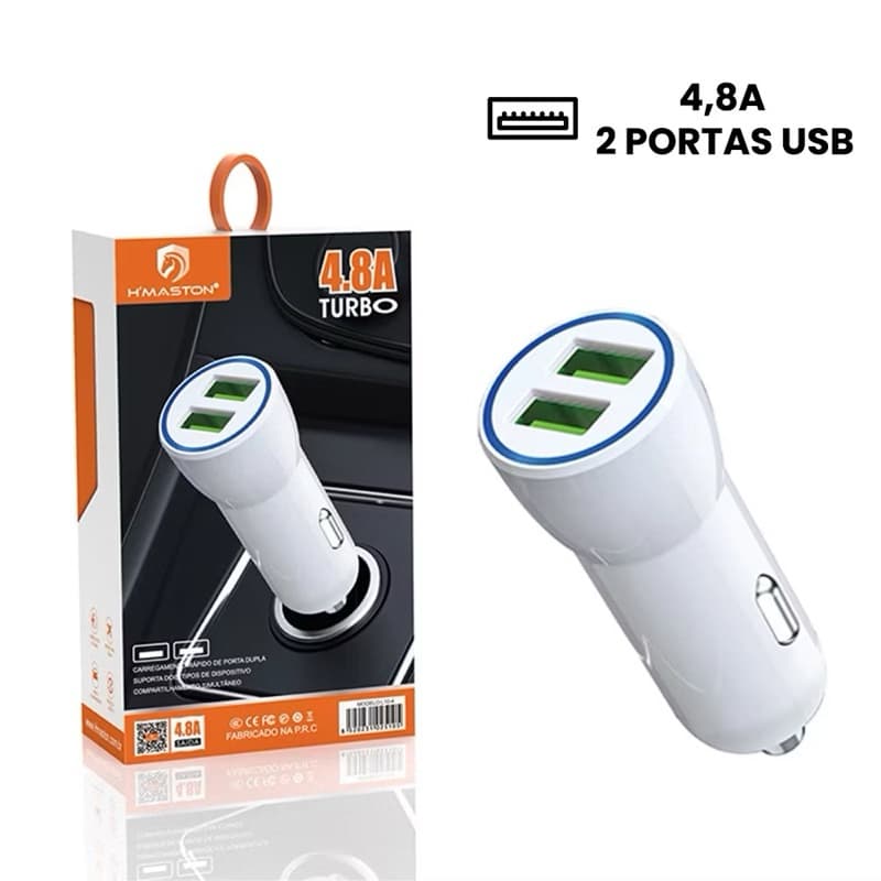 Carregador Veicular Turbo 2 Saídas USB 4,8A Universal H’maston L10-4 Carregador Para Carro