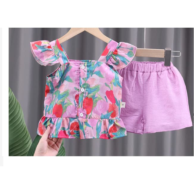 Baby Girls Summer Ruffle Sleeveless Tops Floral Conjunto De Duas Peças De Roupa