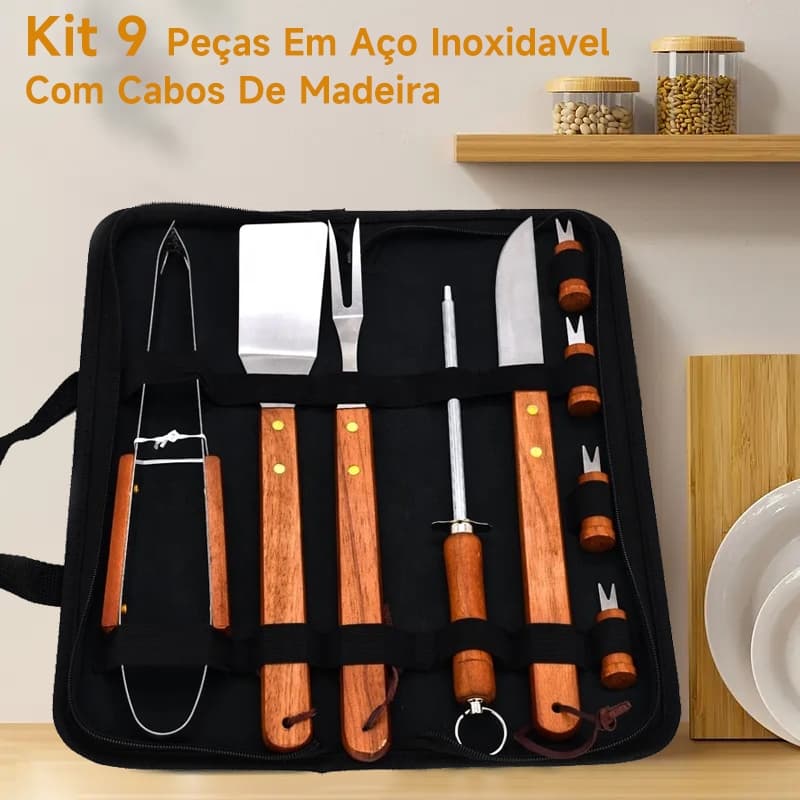 Kit Churrasco Inox Faca/garfo/pegador/espatula/amolador/chaira churrasqueiro facas
