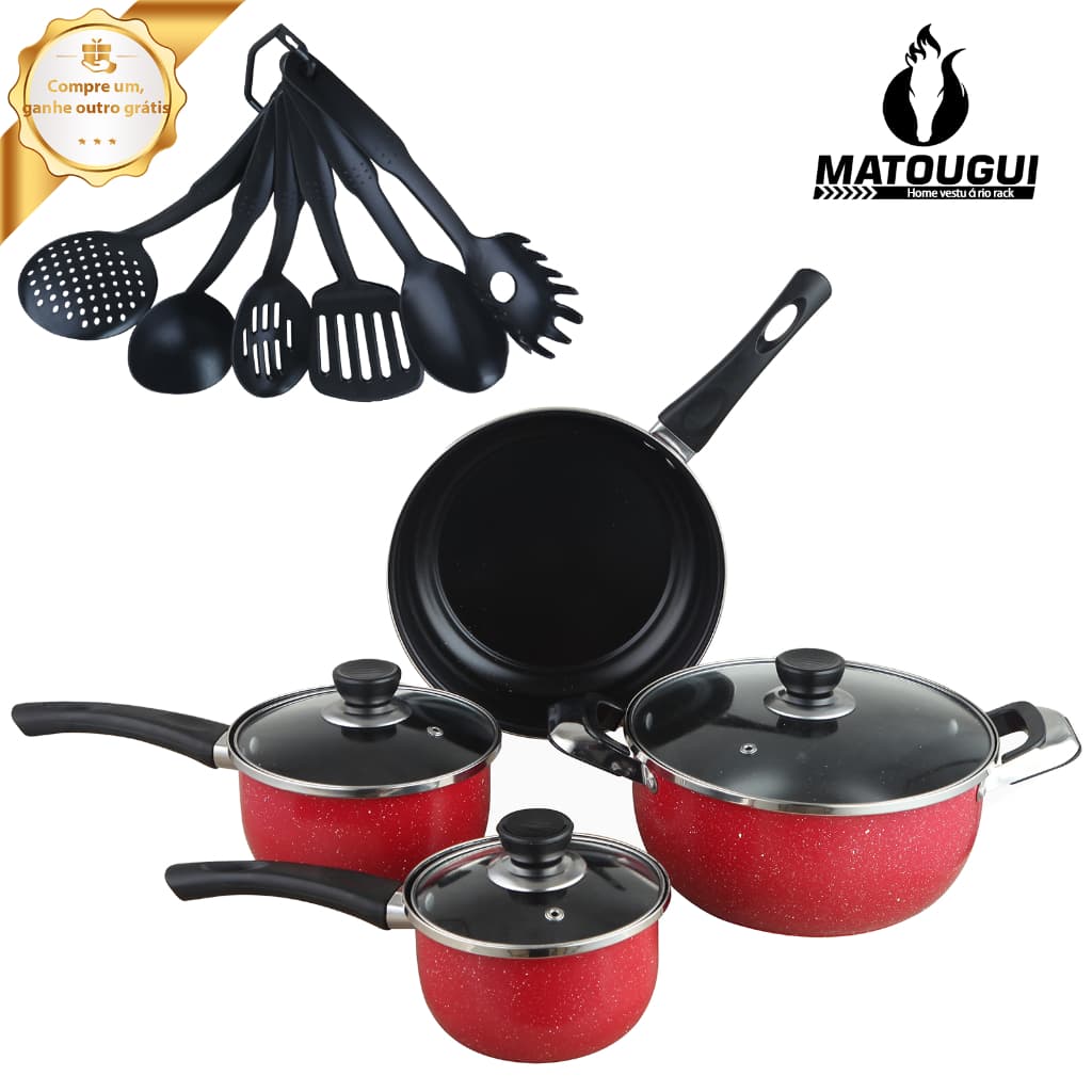 Jogo de utensílios de cozinha de 13 peças, incluindo frigideira, panela, disponível em várias  cores.