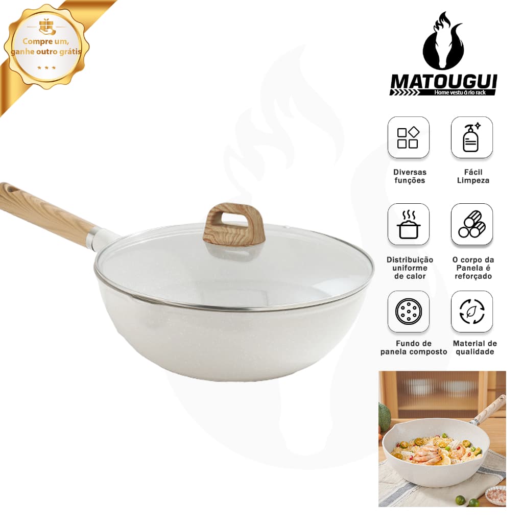 Matougui Frigideira Funda Antiaderente com espessura de 5 mm Wok Com tampa de vidro