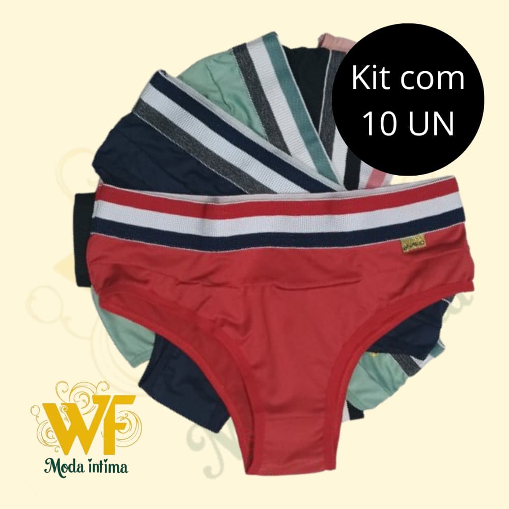 Kit com 10 Calcinhas Conforto Cós Alto com Elástico Colorido na Cintura