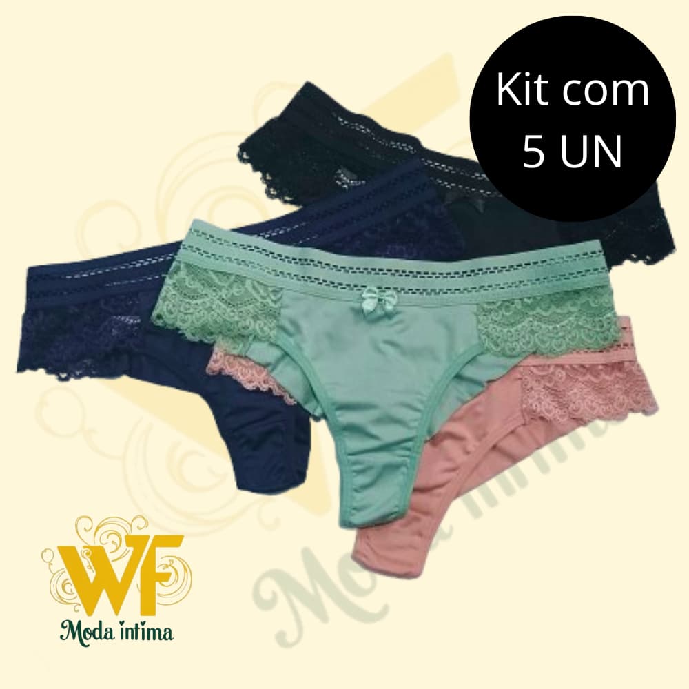 Kit com 5 Calcinhas  Fio Duplo com Elástico e Renda na cintura