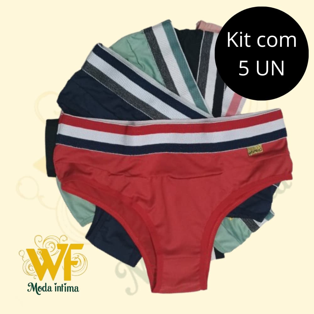 Kit com 5 Calcinhas Conforto Cós Alto com Elástico Colorido na Cintura