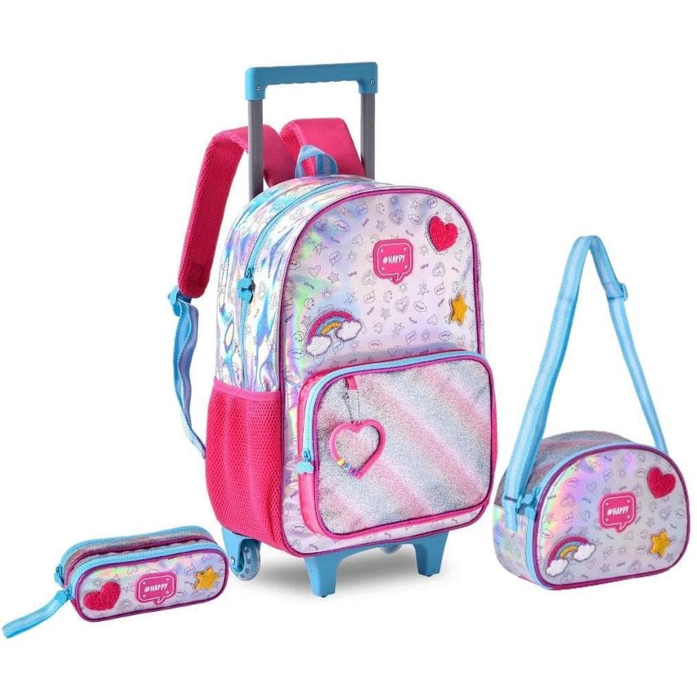 Kit Mochila De Costas Holográfico Happy Lancheira E Estojo