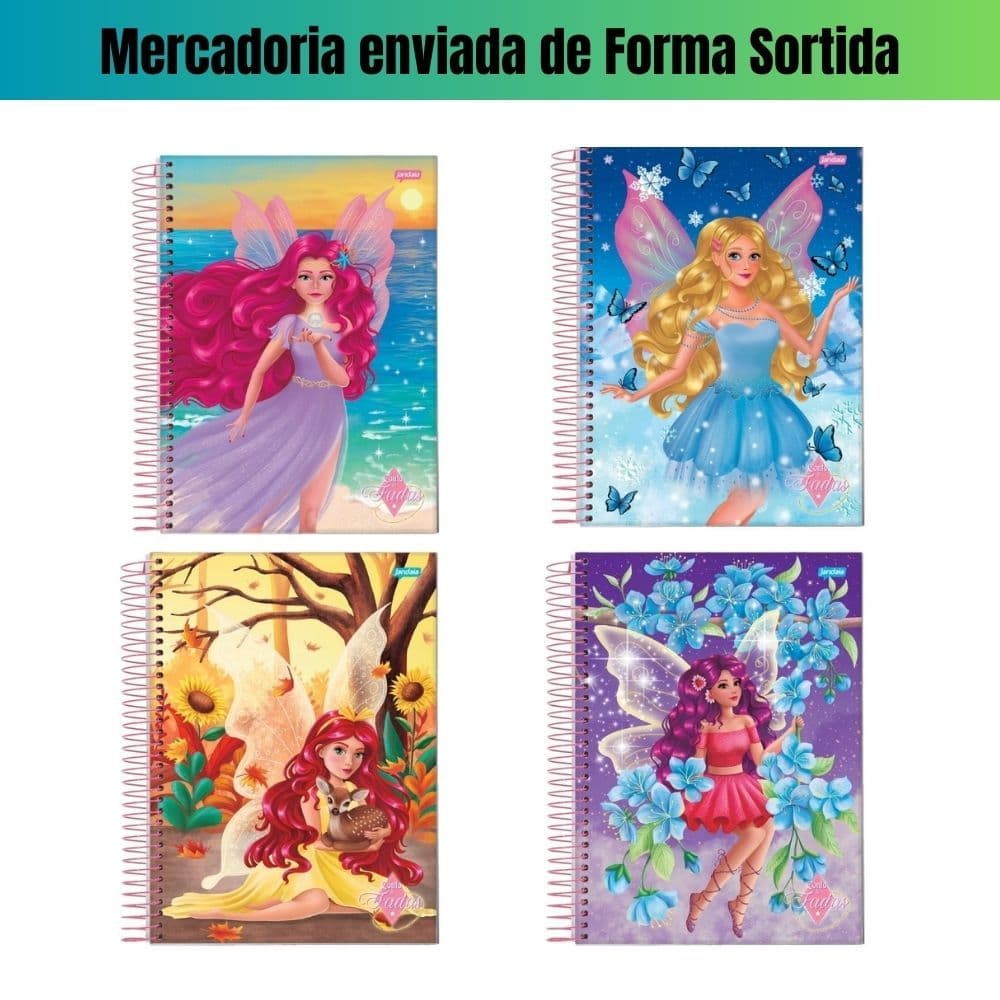 kit com 4 Cadernos Conto de Fadas antigo 1 Materia Jandaia Universitario Espiral Capas Sortidas