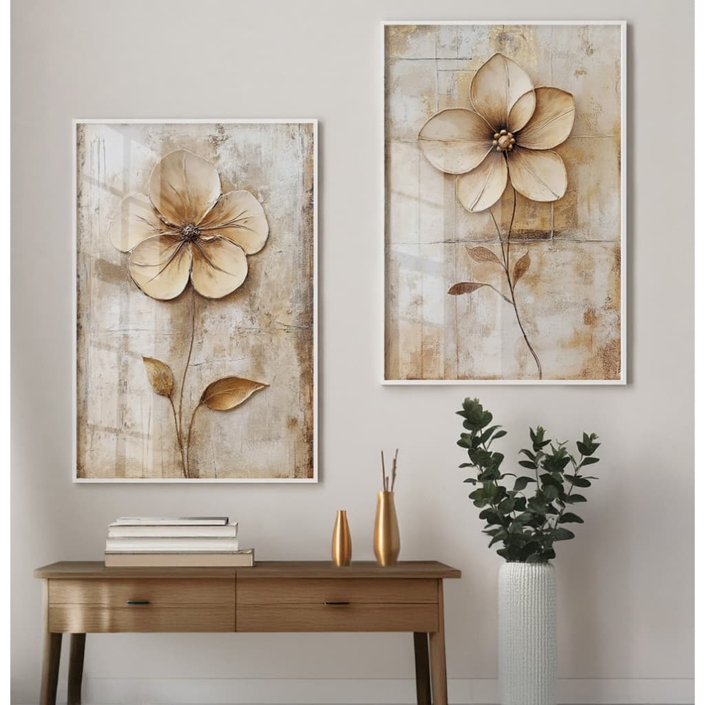 Quadro De Flores Para Sala Kit 2 Quadros Decorativos Quadro Vintage Com Moldura Abstrato Tons Bege